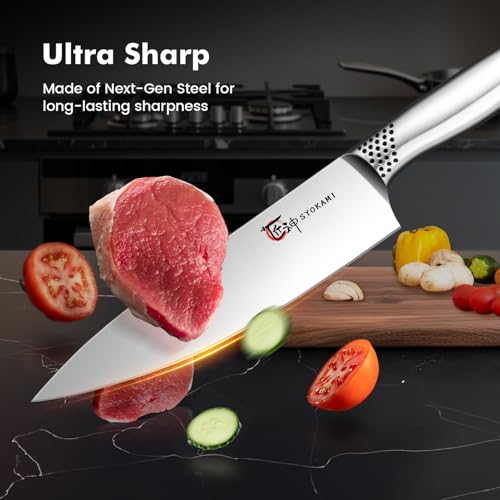 SYOKAMI Japanese Knives Set for Kitchen, Magnetic Knife Set with Block and Sharpener, Stainless Steel Knife Set as Gift for Couple, Wedding, Women or Mom with Gift Box, 14 PCS Black Dot - Image 4