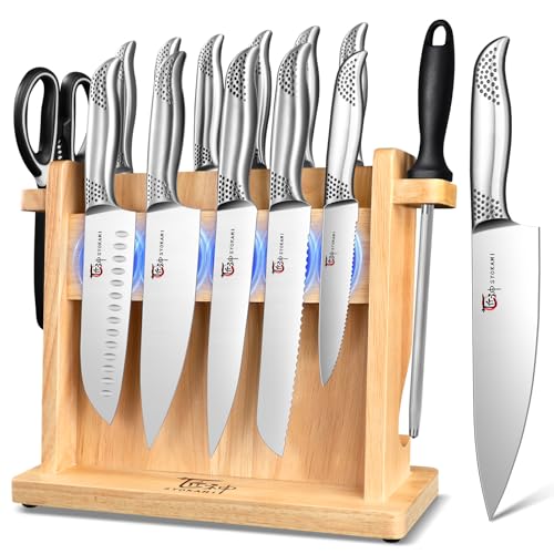 SYOKAMI Japanese Knives Set for Kitchen, Magnetic Knife Set with Block and Sharpener, Stainless Steel Knife Set as Gift for Couple, Wedding, Women or Mom with Gift Box, 14 PCS Black Dot - Image 1