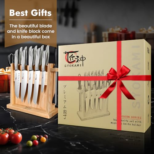 SYOKAMI Japanese Knives Set for Kitchen, Magnetic Knife Set with Block and Sharpener, Stainless Steel Knife Set as Gift for Couple, Wedding, Women or Mom with Gift Box, 14 PCS Black Dot - Image 3