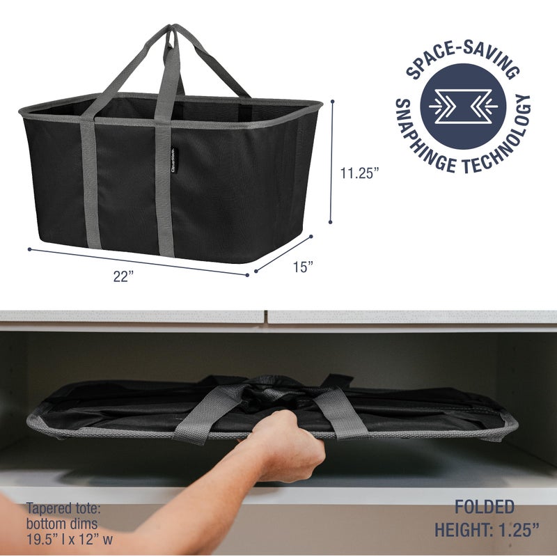 CleverMade Collapsible Laundry Tote 2-Pack (50L) â€“ Foldable Carry-All Storage Bin for Laundry, Car Trunk, RV, Dorm & Home Organization - Black - Image 2