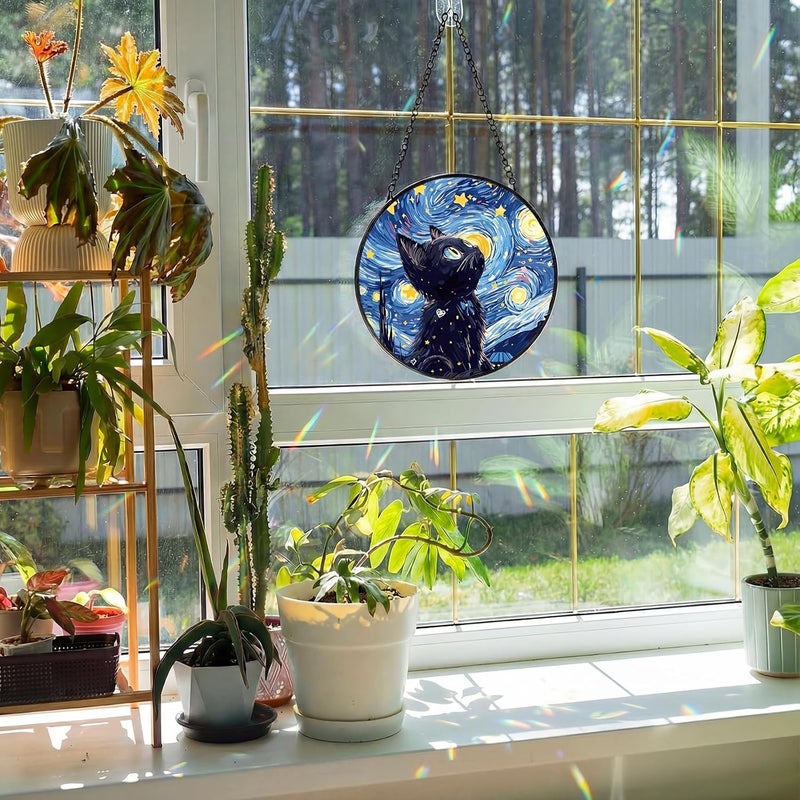Mifoci 6.3 Inch Stained Glass Window Hanging Black Cat Suncatchers Indoor Window Gifts for Cat Lovers Room Office Decor Aesthetic - Image 3
