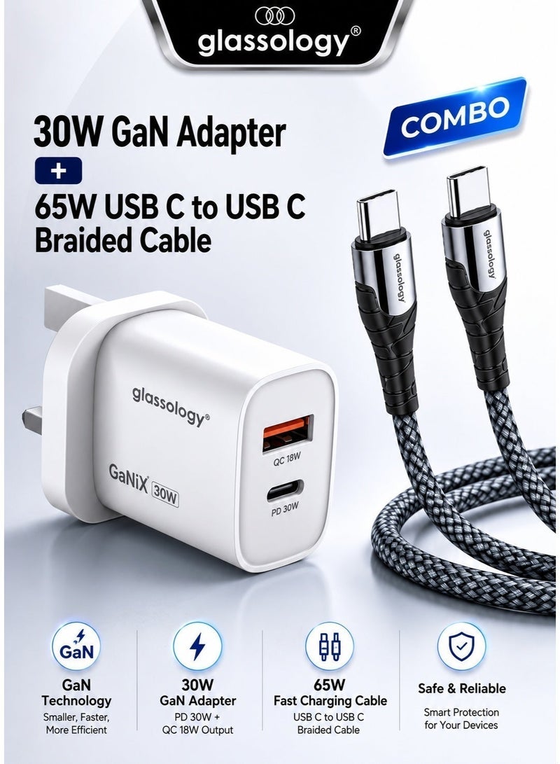 جلاسولوجي 30W GaN Fast Charging Adapter Dual USB‑C & USB‑A Ports with 65W USB‑C to C PD Cable 1M Fast Charging Cord Bundle, Power Delivery Wall Charger - Image 1