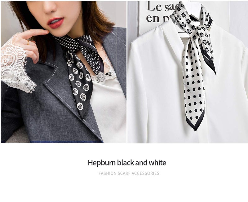 MEISEE Pure Mulberry Silk Scarfs Women Small Square Scarf 21" x 21" Breathable Lightweight Neckerchief Printed Headscarf (B-40 Black and White) - Image 2