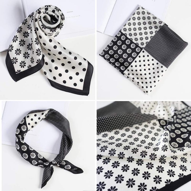 MEISEE Pure Mulberry Silk Scarfs Women Small Square Scarf 21" x 21" Breathable Lightweight Neckerchief Printed Headscarf (B-40 Black and White) - Image 3