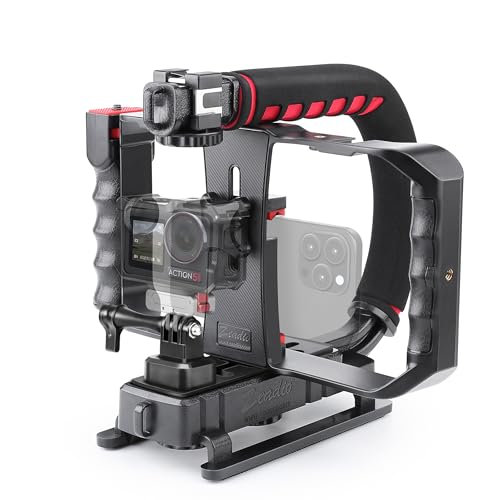 Zeadio Camera Handheld Stabilizer with Smartphone Video Cage Rig, Triple Cold-Shoe Handle Grip Compatible with All Camera Action Camera DSLR Smartphone - Image 1