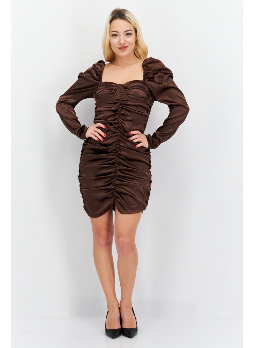 Unique21 - Women Ruched Plain Mini Dress, Dark Brown - Image 1