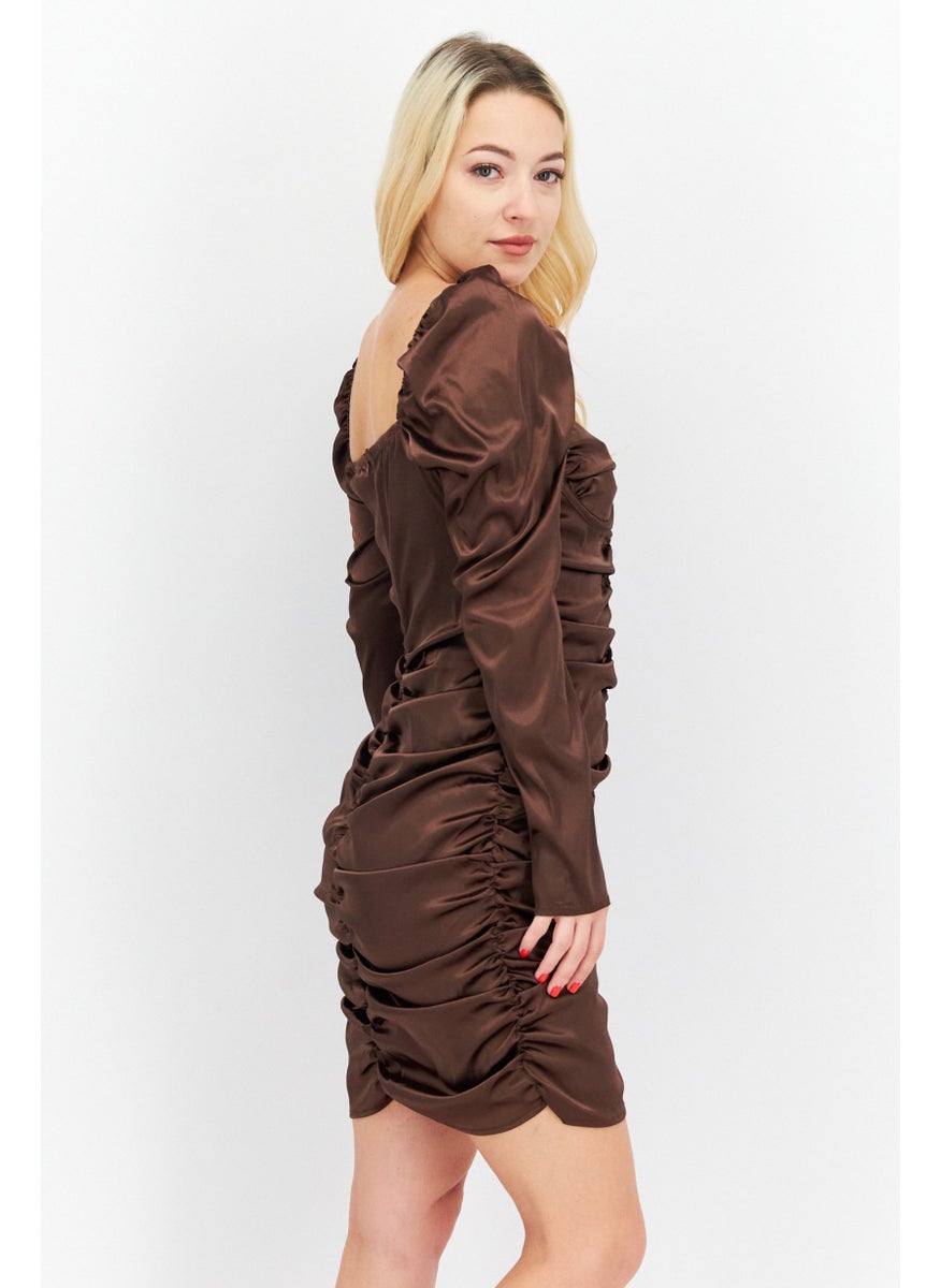 Unique21 - Women Ruched Plain Mini Dress, Dark Brown - Image 1