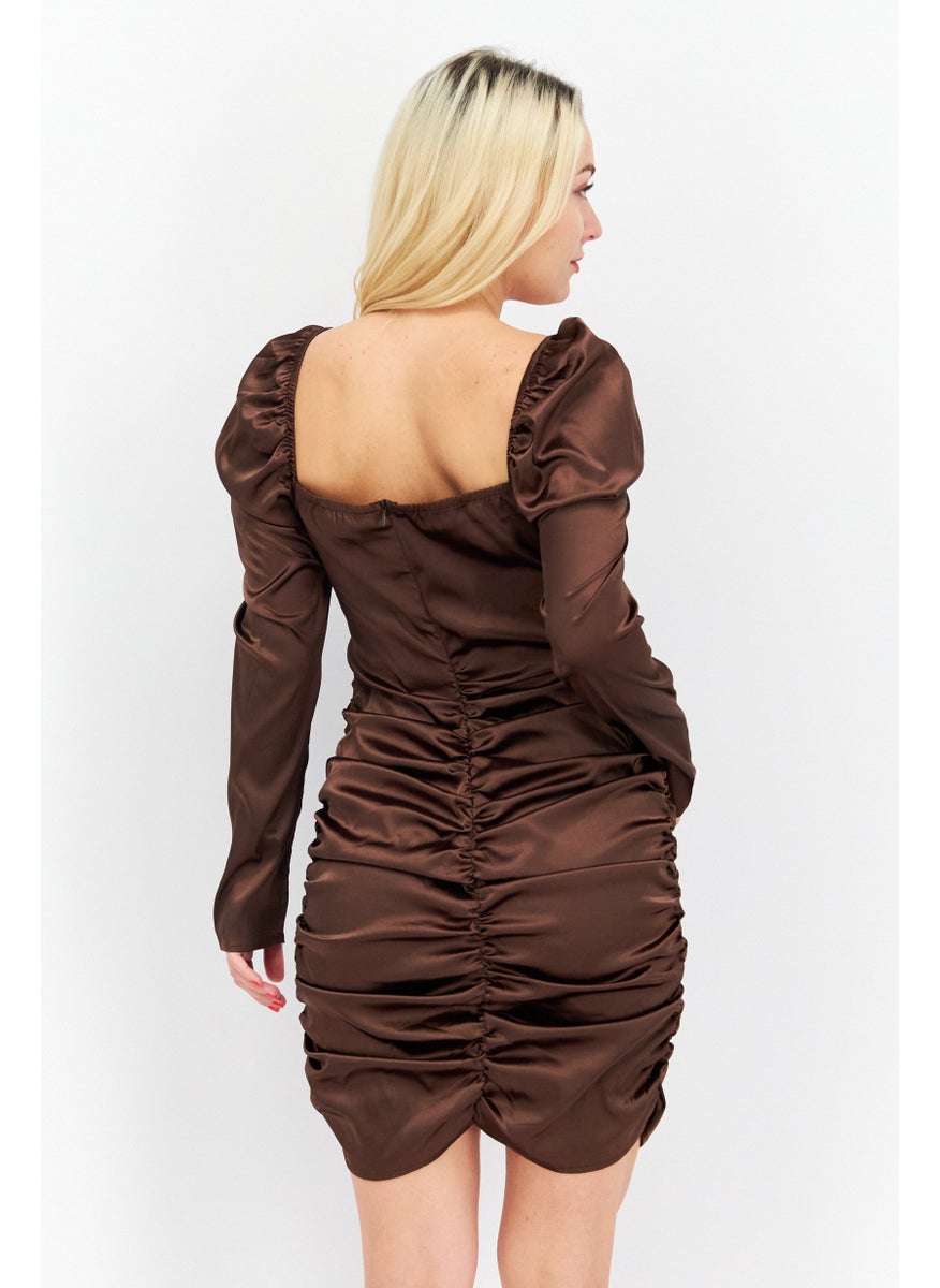 Unique21 - Women Ruched Plain Mini Dress, Dark Brown - Image 1