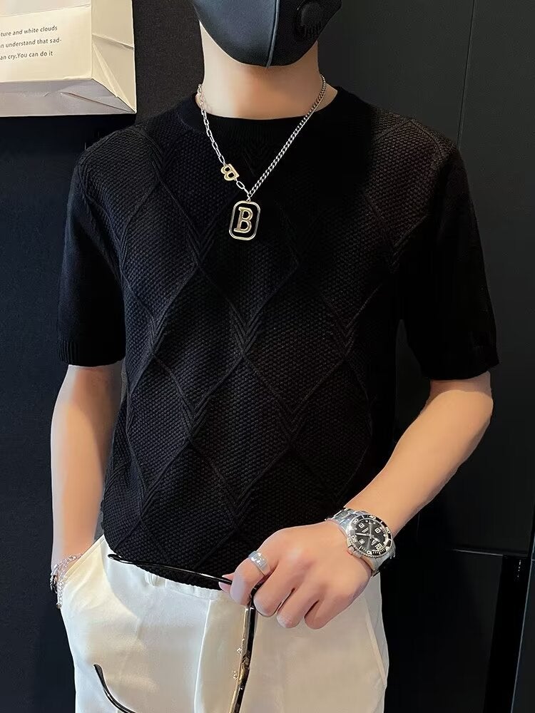 Ice Silk Short-Sleeved T-Shirt Men'S Summer Thin Trendy Brand Knitwear Top Slim Stretch Breathable British Yuppie Men'S Clothing - Image 4