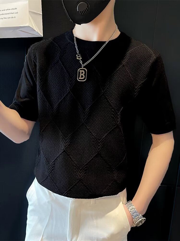 Ice Silk Short-Sleeved T-Shirt Men'S Summer Thin Trendy Brand Knitwear Top Slim Stretch Breathable British Yuppie Men'S Clothing - Image 1