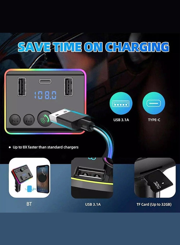 Mr.Smart Bluetooth FM Transmitter Car Kit with RGB Lights, Dual USB 3.1A Quick Charge, Hands-Free Calling, TF Card Support, Type-C Port - Image 2