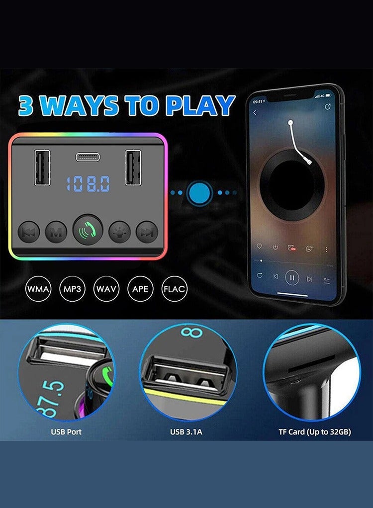 Mr.Smart Bluetooth FM Transmitter Car Kit with RGB Lights, Dual USB 3.1A Quick Charge, Hands-Free Calling, TF Card Support, Type-C Port - Image 3