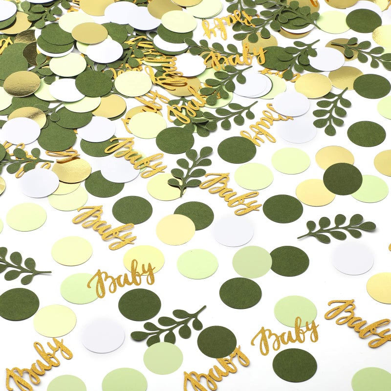 400 Pcs Greenery Baby Shower Confetti Scatter Decorations Green Brown White Table Confetti Dots with Eucalyptus and Gold Scatter for Baby Shower Gender Reveal Decor