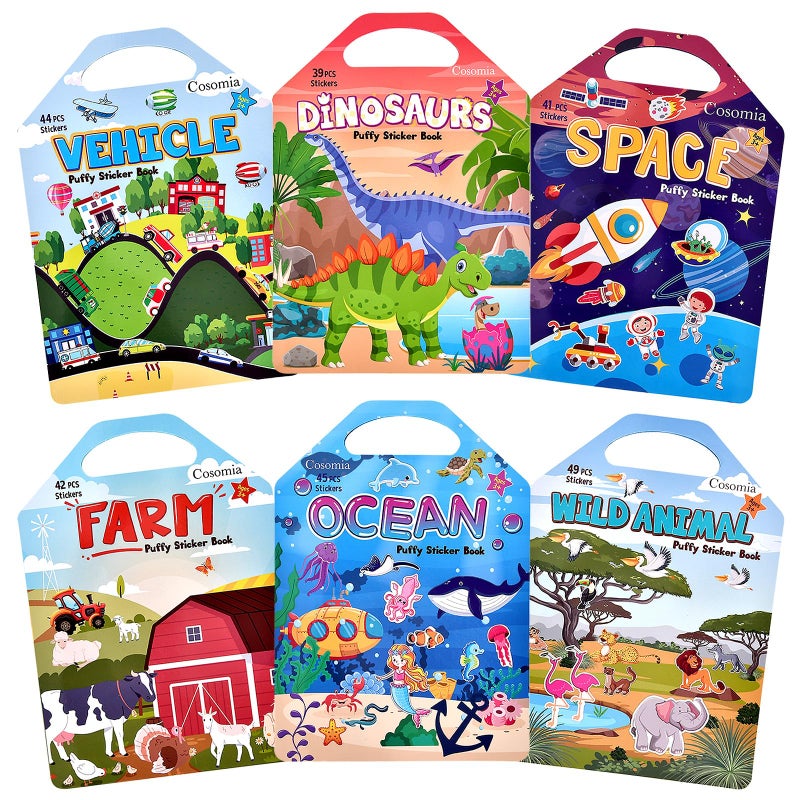 Cosomia 6 Set 260pcs Puffy Sticker Books Activity for Kids Animal Farm Dinosaurs Space Vehicle Ocean 3D Reusable Stickers for Boys and Girls Travel Sticker Books for Kids Ages 3 - Image 2