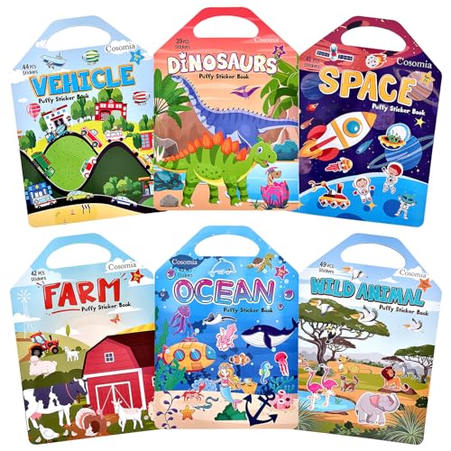 Cosomia 6 Set 260pcs Puffy Sticker Books Activity for Kids Animal Farm Dinosaurs Space Vehicle Ocean 3D Reusable Stickers for Boys and Girls Travel Sticker Books for Kids Ages 3 - Image 1