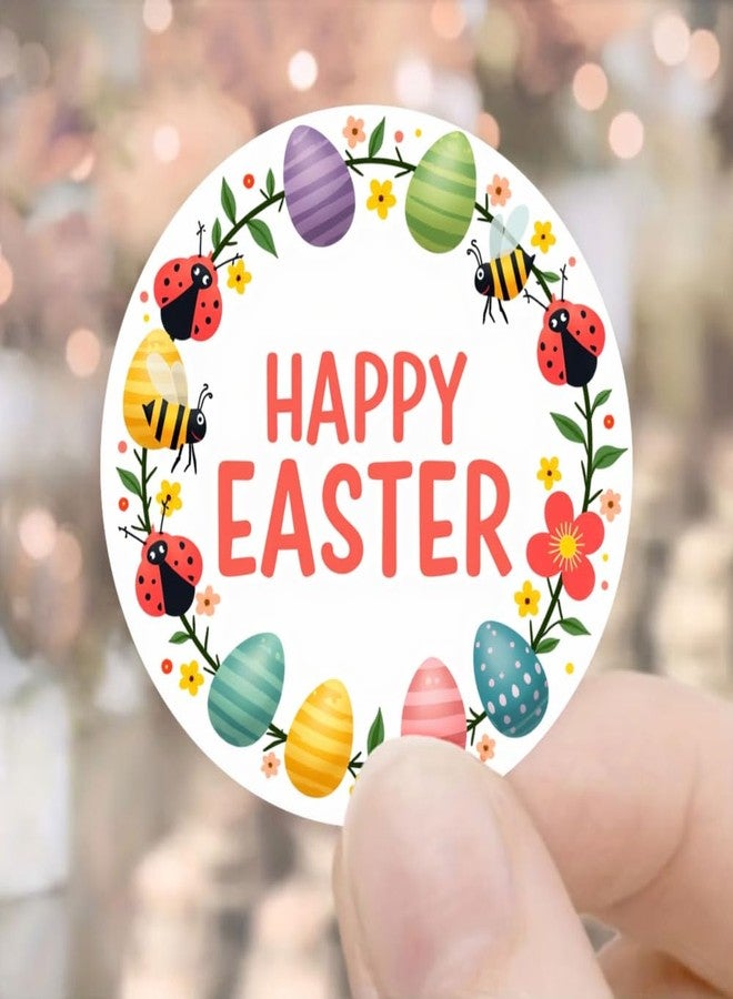 SLGIFT 48 Round Stickers Featuring Colorful Easter Eggs, Ladybugs, and Bees with Floral Designs for Cheerful Easter Gift Wrapping - Image 1