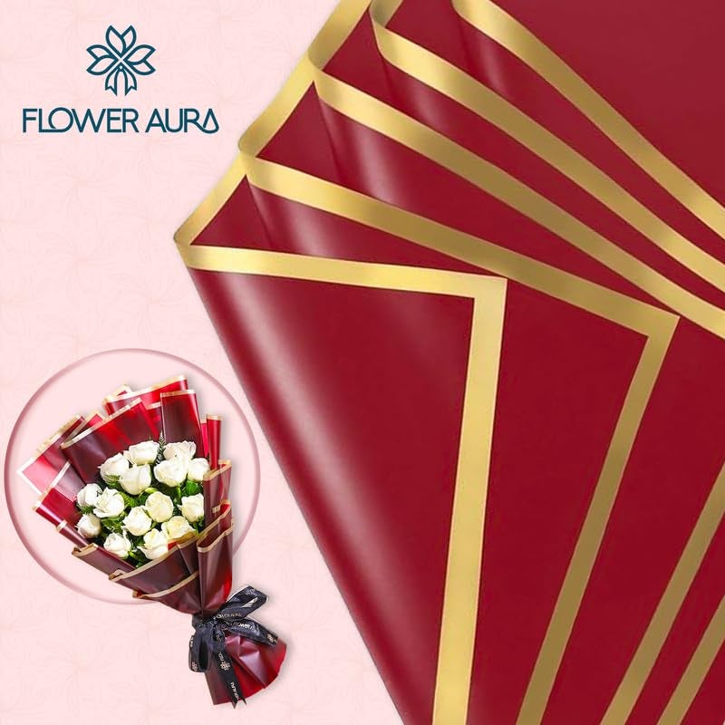 FlowerAura Designer Waterproof Red With Golden Border Korean Wrapping Paper For Flower Bouquet Wrapping Paper, Gift Wrapping Paper, DIY Handmade Paper, Artistic & Florist Creation Paper (Set of 20) - Image 2