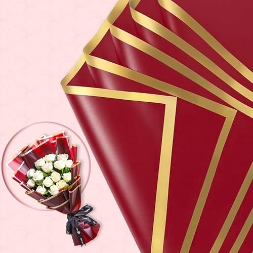 FlowerAura Designer Waterproof Red With Golden Border Korean Wrapping Paper For Flower Bouquet Wrapping Paper, Gift Wrapping Paper, DIY Handmade Paper, Artistic & Florist Creation Paper (Set of 20) - Image 1