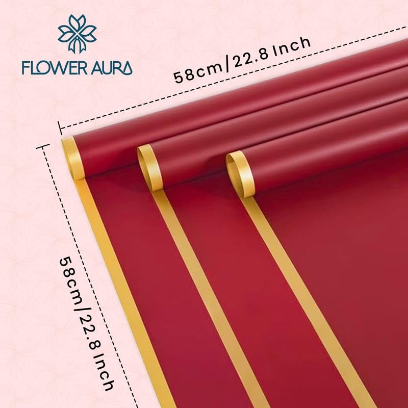 FlowerAura Designer Waterproof Red With Golden Border Korean Wrapping Paper For Flower Bouquet Wrapping Paper, Gift Wrapping Paper, DIY Handmade Paper, Artistic & Florist Creation Paper (Set of 20) - Image 3