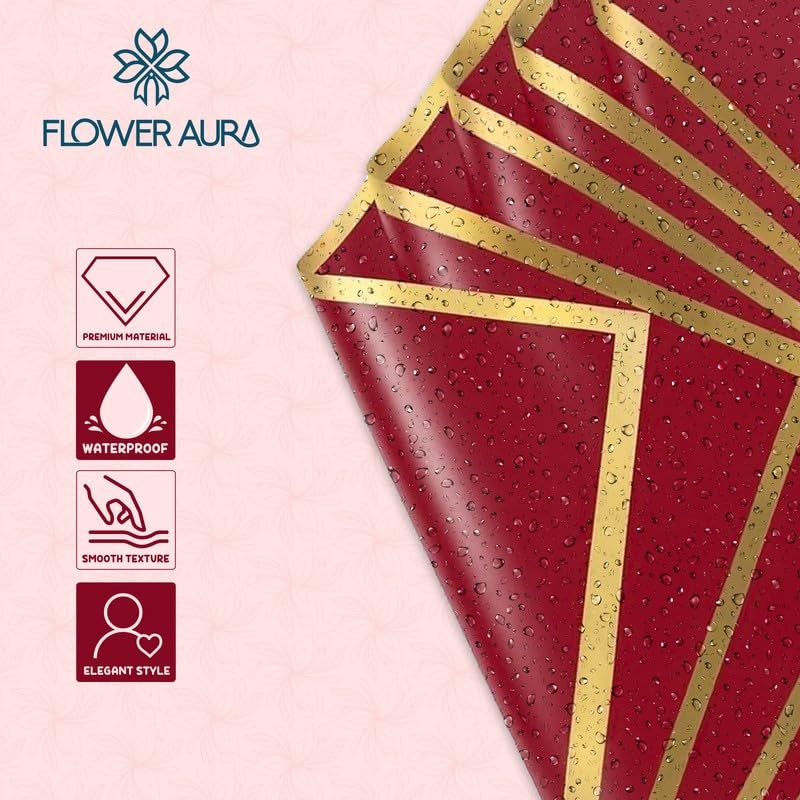 FlowerAura Designer Waterproof Red With Golden Border Korean Wrapping Paper For Flower Bouquet Wrapping Paper, Gift Wrapping Paper, DIY Handmade Paper, Artistic & Florist Creation Paper (Set of 20) - Image 5