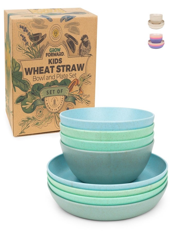 Grow Forward Wheat Straw Kids Plates and Bowls Sets - 8-Piece Unbreakable Dishwasher & Microwave Safe Plastic Plates for Kids - Reusable Non Toxic BPA-Free Dinnerware for Children - Rainforest - Image 1