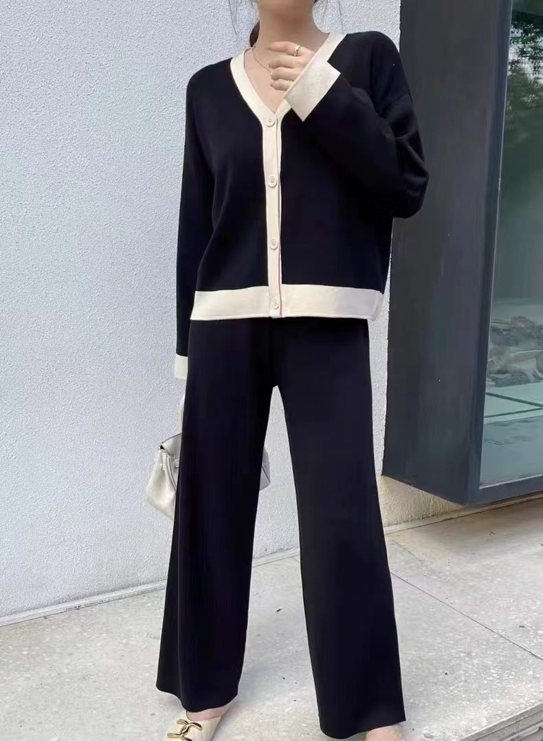 Fashion suit Womens 2024 New Stitching V-neck Long Sleeve Knitted Cardigan Top + Casual Wide Leg Pants Two-piece Set brown - Image 3