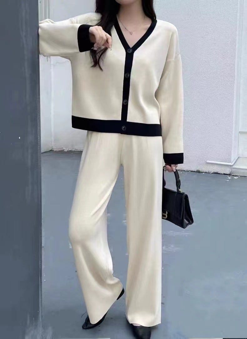 Fashion suit Womens 2024 New Stitching V-neck Long Sleeve Knitted Cardigan Top + Casual Wide Leg Pants Two-piece Set brown - Image 2