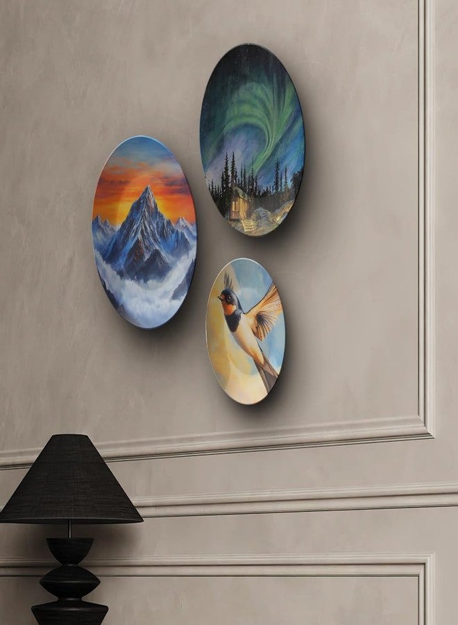 woodhang Nature's Majesty Decorative Ceramic Wall Plates Set of 3 for Home Decor|Aurora Borealis, Sunset Mountain & Flying Bird Art Plates for Bedroom, Living Room, Café & Office Decoration Showpiece - Image 3