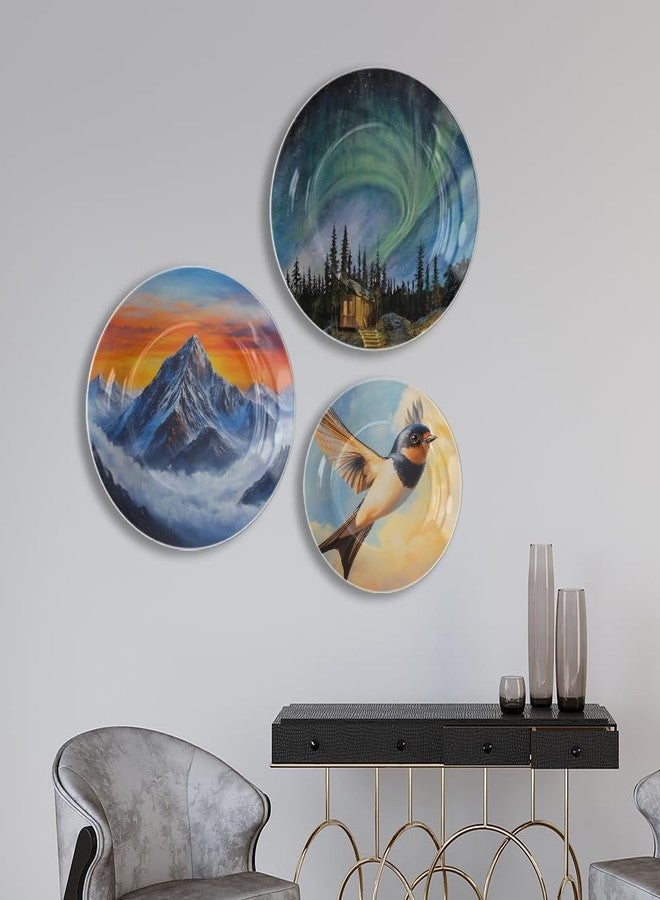 woodhang Nature's Majesty Decorative Ceramic Wall Plates Set of 3 for Home Decor|Aurora Borealis, Sunset Mountain & Flying Bird Art Plates for Bedroom, Living Room, Café & Office Decoration Showpiece - Image 1