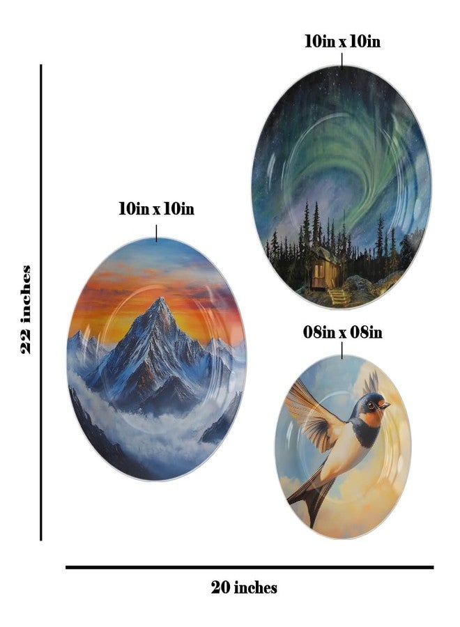 woodhang Nature's Majesty Decorative Ceramic Wall Plates Set of 3 for Home Decor|Aurora Borealis, Sunset Mountain & Flying Bird Art Plates for Bedroom, Living Room, Café & Office Decoration Showpiece - Image 2