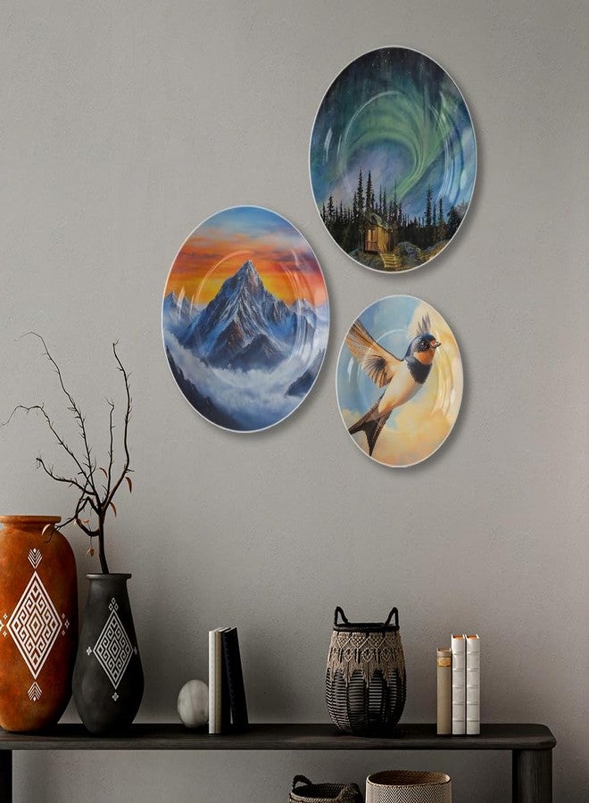 woodhang Nature's Majesty Decorative Ceramic Wall Plates Set of 3 for Home Decor|Aurora Borealis, Sunset Mountain & Flying Bird Art Plates for Bedroom, Living Room, Café & Office Decoration Showpiece - Image 5