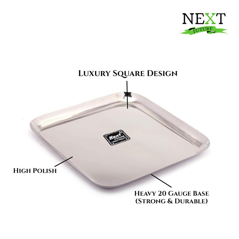 Next Future 20 Gauge Stainless Steel Plates Set of 4 LunchDinner Plate Tiffin Plates 235cm Dia Silver Square Plates Size Large - Image 3
