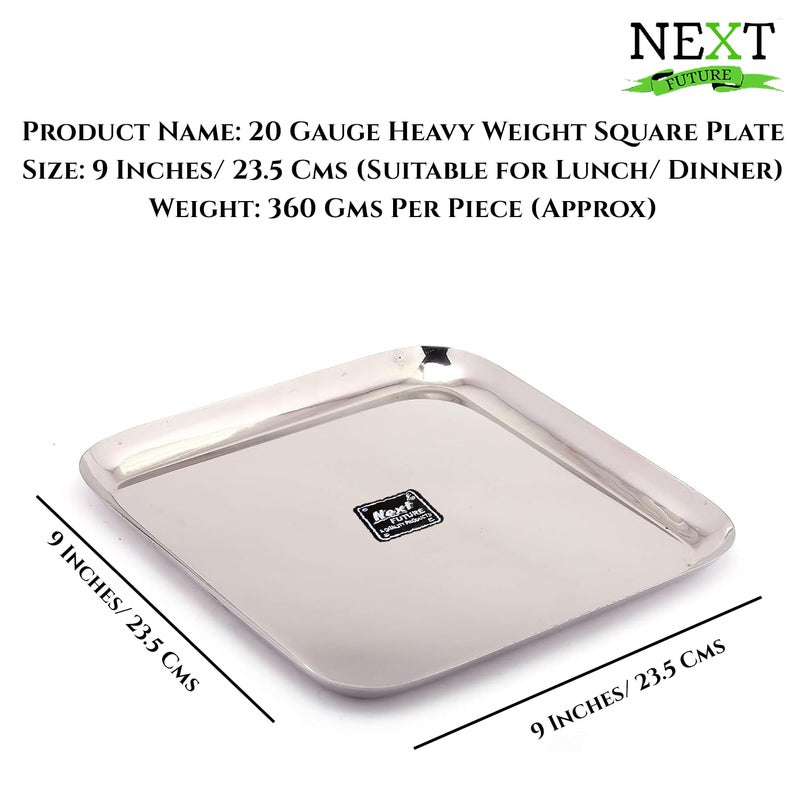 Next Future 20 Gauge Stainless Steel Plates Set of 4 LunchDinner Plate Tiffin Plates 235cm Dia Silver Square Plates Size Large - Image 2