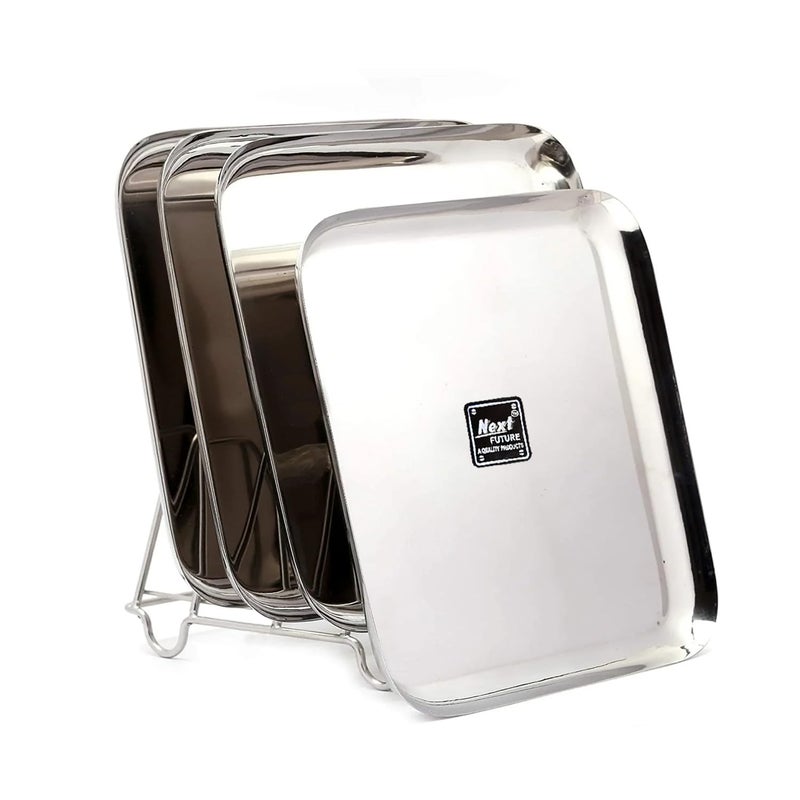 Next Future 20 Gauge Stainless Steel Plates Set of 4 LunchDinner Plate Tiffin Plates 235cm Dia Silver Square Plates Size Large - Image 1