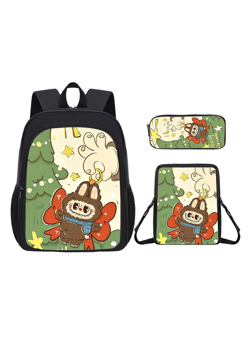 لابوبو حقيبة لابوبو المدرسية الكرتونية للطلاب، حقيبة ظهر لطيفة للأطفال، سعة كبيرة 34*26*14 سم + حقيبة غداء 23*19*6 سم + مقلمة 11*24*7 سم، طقم من ثلاث قطع. - Image 1