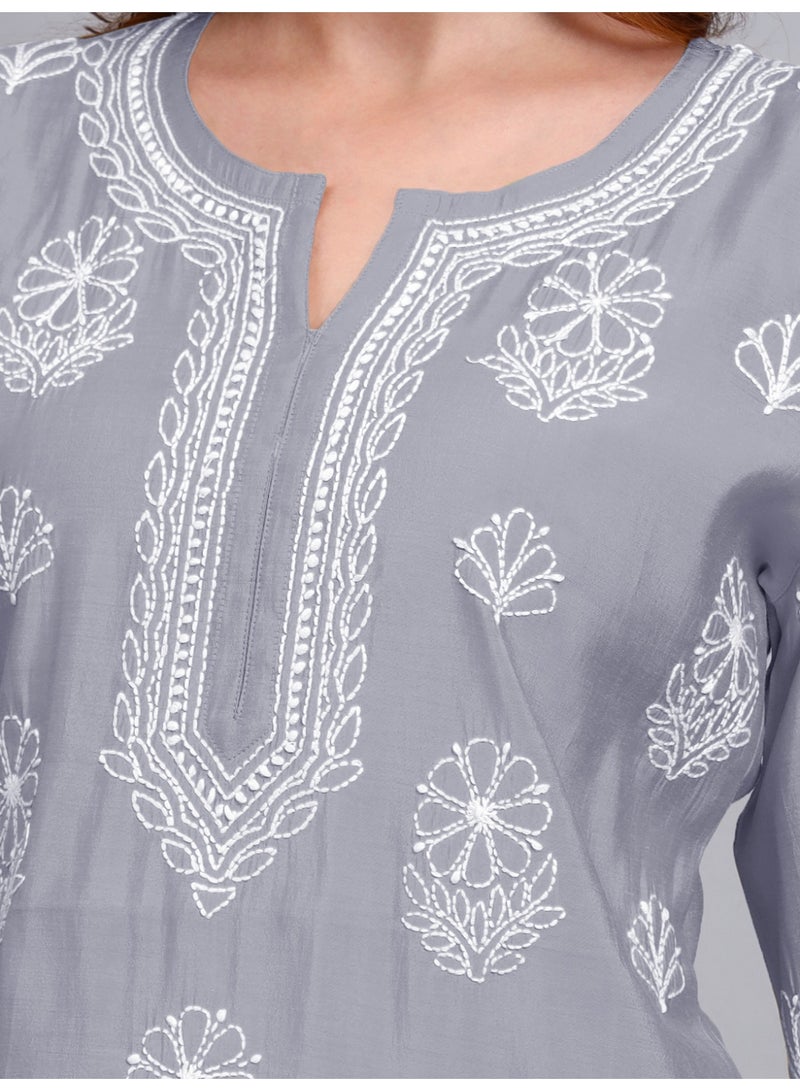 Alaya Hand Embroidered Chikankari Chanderi Kurti-AL4090 - Image 4