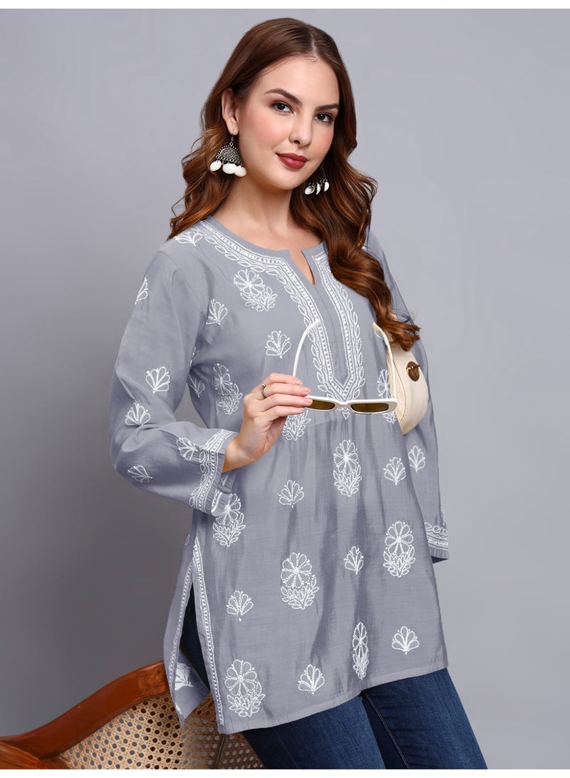 Alaya Hand Embroidered Chikankari Chanderi Kurti-AL4090 - Image 3