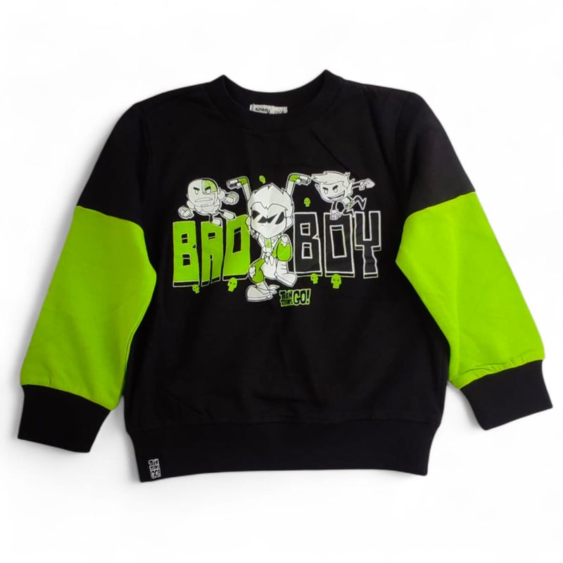 Boys Cotton Sweatshirt – Black & Neon Green Cartoon Graphic Pullover - Image 2