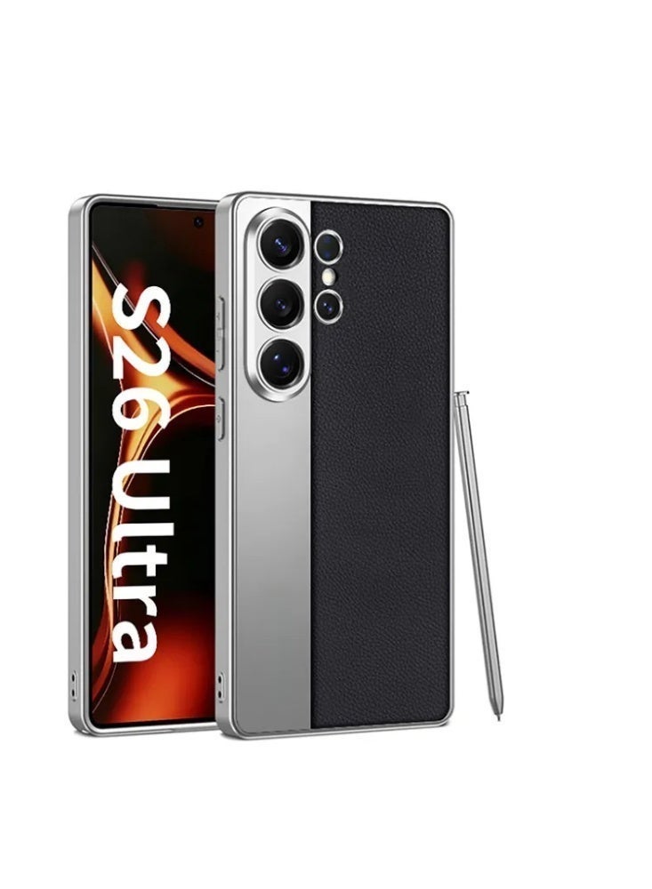 غلاف هاتف بإطار مطلي بالكهرباء ونسيج جلدي لسامسونج S25 / S26 ألترا، غطاء حماية كامل للعدسات بفتحات دقيقة
