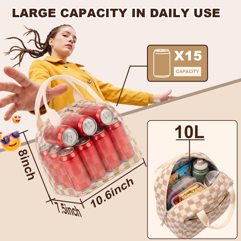 LEDAOU Insulated Lunch Bag women Corduroy Small Lunch Box for Women with Front Pocket Leakproof Cooler Checkered Cute Adult Gilrs Lunch Box for Work School Picnic - Image 5