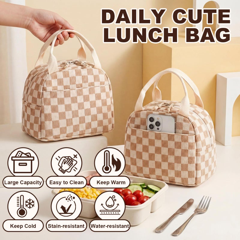 LEDAOU Insulated Lunch Bag women Corduroy Small Lunch Box for Women with Front Pocket Leakproof Cooler Checkered Cute Adult Gilrs Lunch Box for Work School Picnic - Image 2