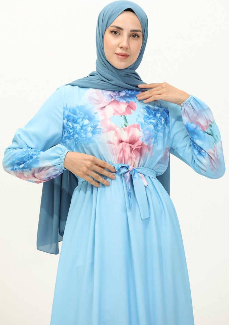Sefa Merve Digital Printed Belted Dress 1116-01 Baby Blue - Image 3
