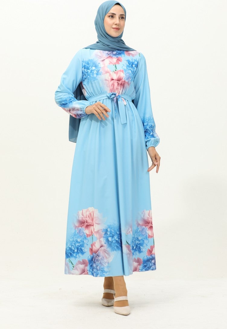 Sefa Merve Digital Printed Belted Dress 1116-01 Baby Blue - Image 1