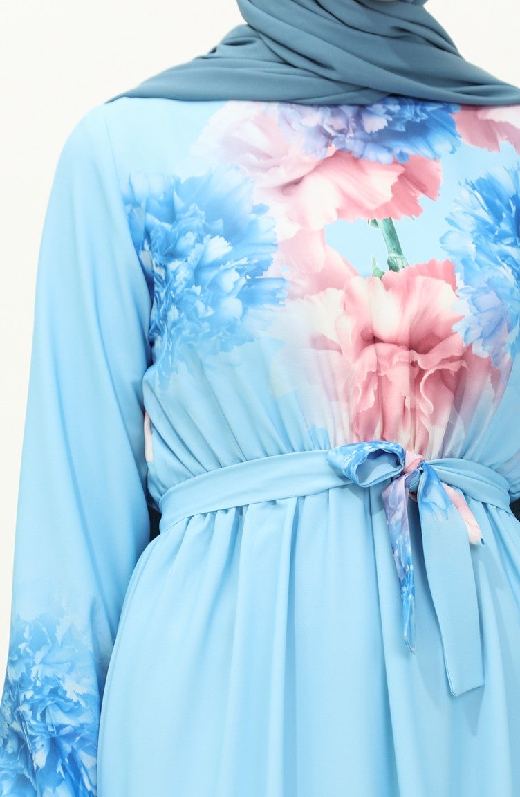 Sefa Merve Digital Printed Belted Dress 1116-01 Baby Blue - Image 4