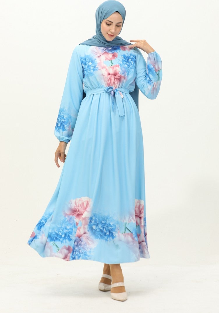 Sefa Merve Digital Printed Belted Dress 1116-01 Baby Blue - Image 2