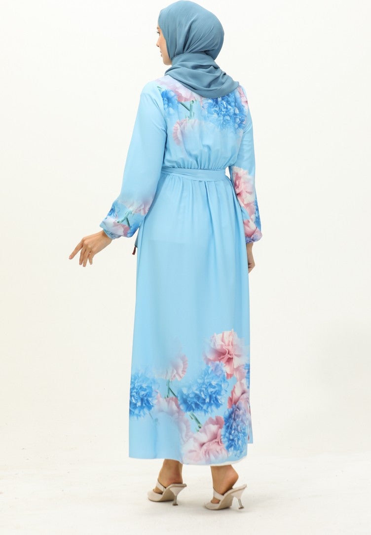 Sefa Merve Digital Printed Belted Dress 1116-01 Baby Blue - Image 5