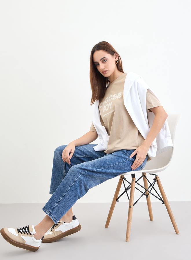Styli Beige Slogan Print Embellished Oversized T-Shirt - Image 4