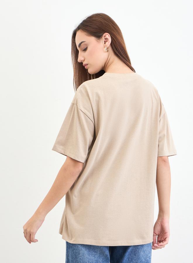 Styli Beige Slogan Print Embellished Oversized T-Shirt - Image 5