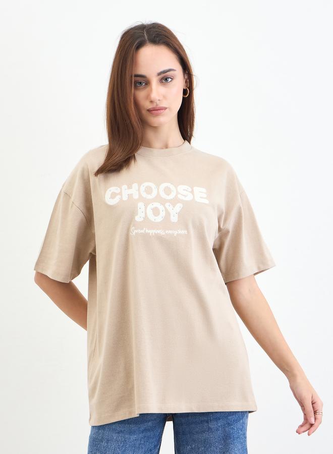 Styli Beige Slogan Print Embellished Oversized T-Shirt - Image 3