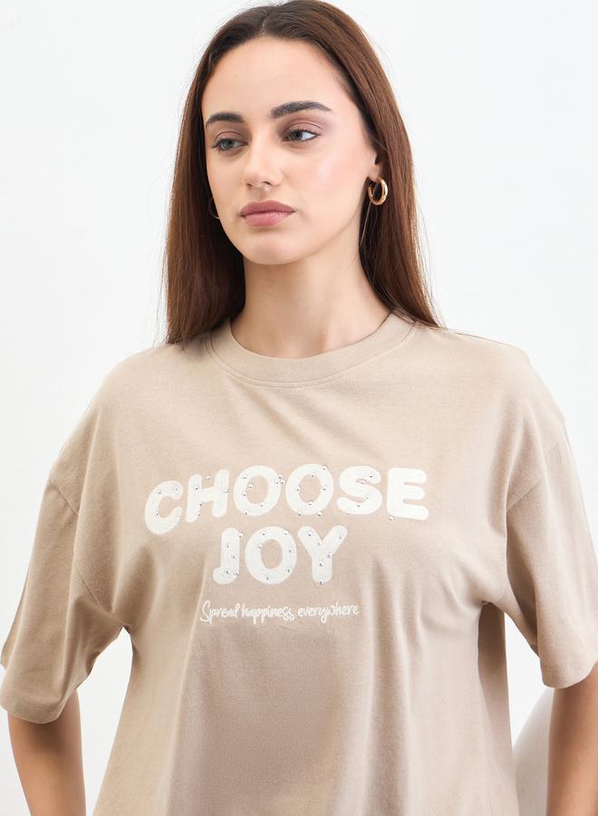 Styli Beige Slogan Print Embellished Oversized T-Shirt - Image 1